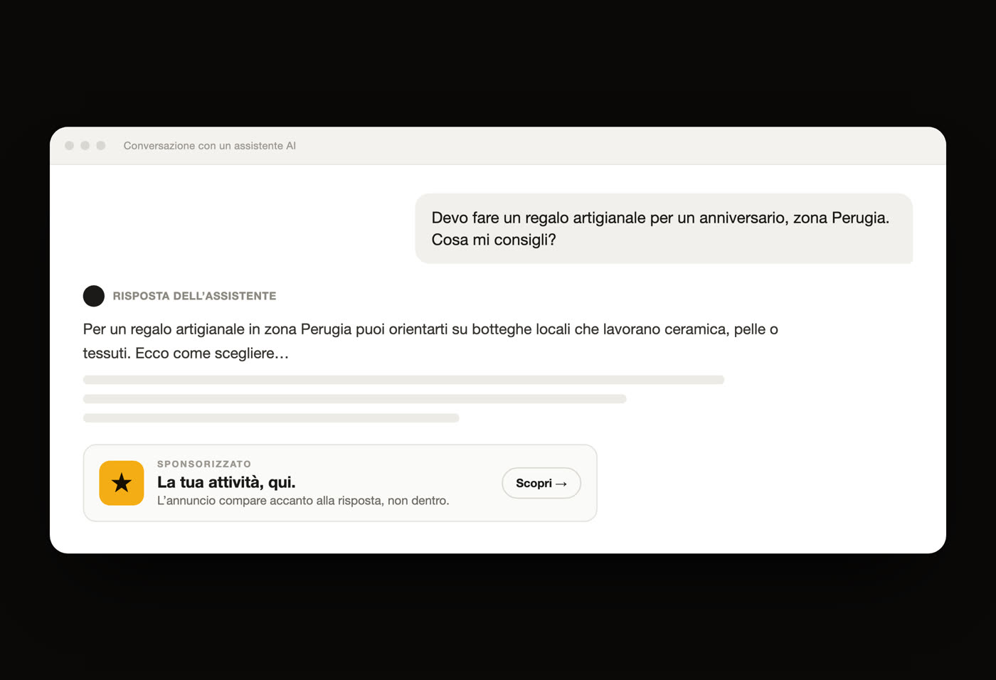 Simulazione di come appare un annuncio sponsorizzato sotto la risposta di un assistente AI